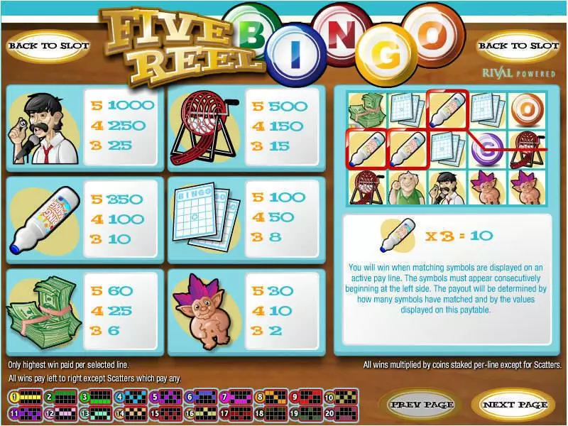 Info and Rules - Rival 5 Reel Bingo Slot