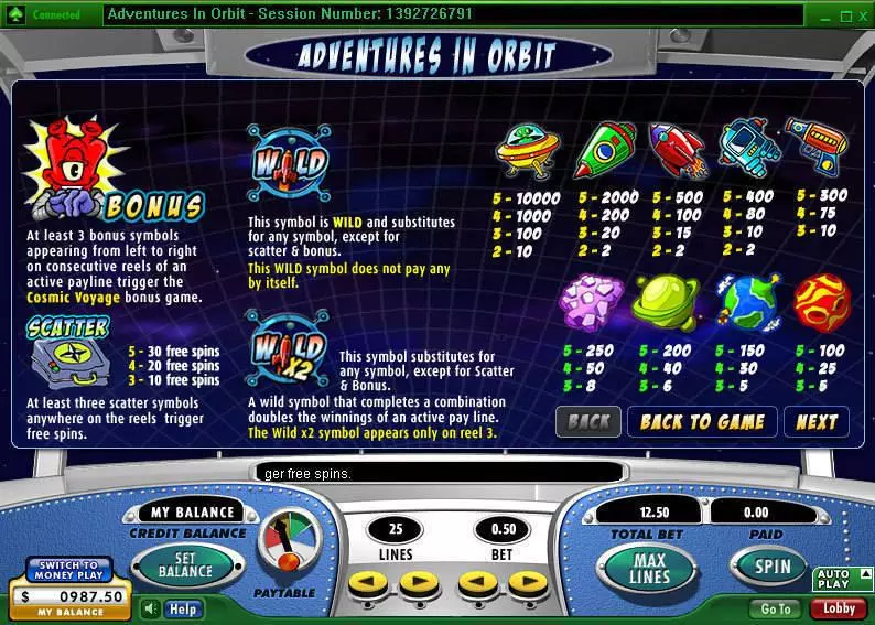 Info and Rules - 888 Adventures in Orbit Slot