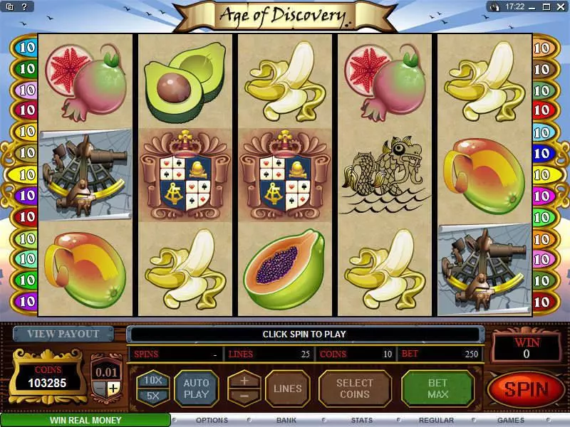 Main Screen Reels - Microgaming Age of Discovery Slot