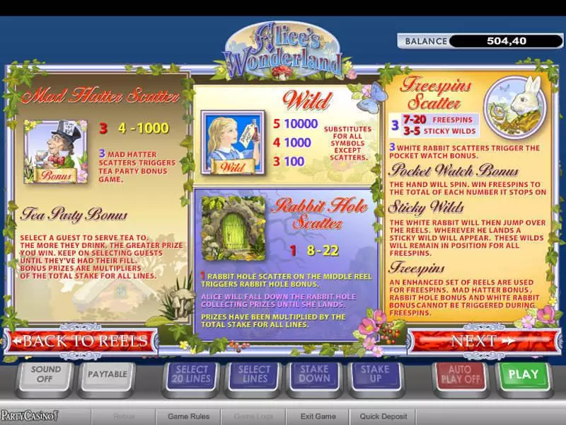 Info and Rules - PlayTech Alice's Wonderland Slot
