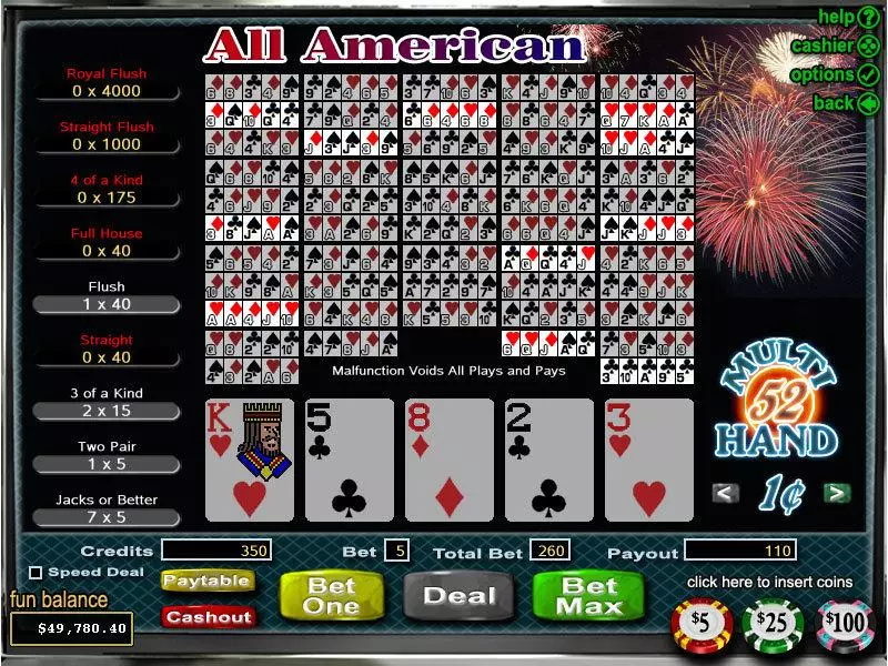 Introduction Screen - RTG All American 52 Hand Poker Video Poker