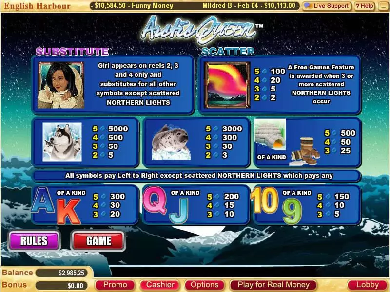 Info and Rules - Vegas Technology Arctic Queen Slot