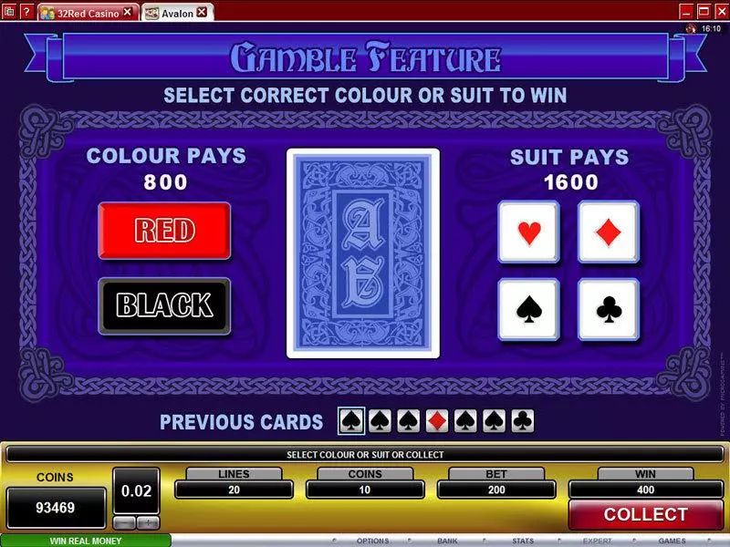 Gamble Screen - Microgaming Avalon Slot
