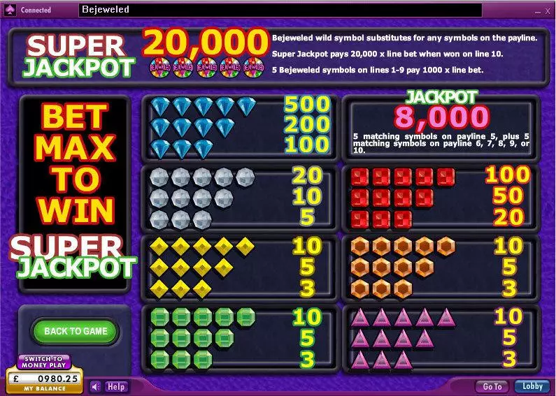 Info and Rules - 888 Bejeweled Slot
