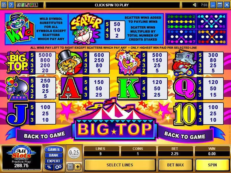 Info and Rules - Microgaming Big Top Slot