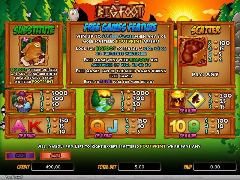 Info and Rules - bwin.party Bigfoot Slot
