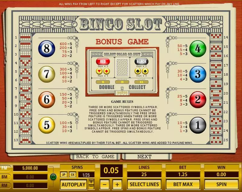 Info and Rules - Topgame Bingo 25 Lines Slot
