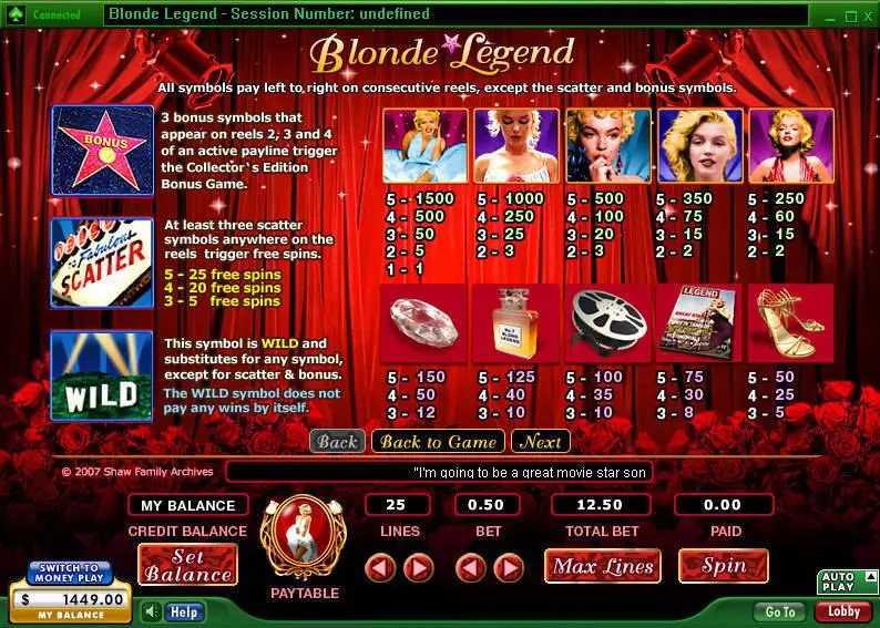 Info and Rules - 888 Blonde Legend Slot