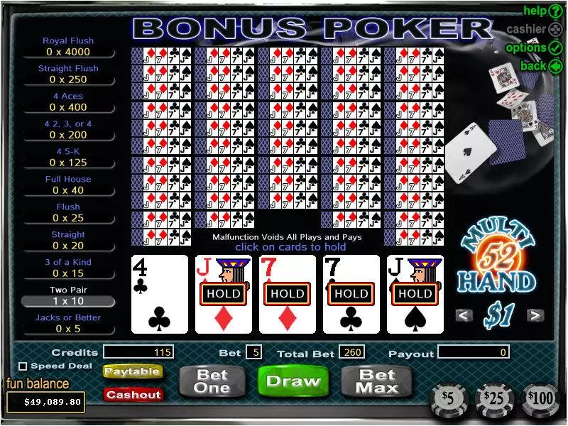 Introduction Screen - RTG Bonus 52 Hand Poker Video Poker