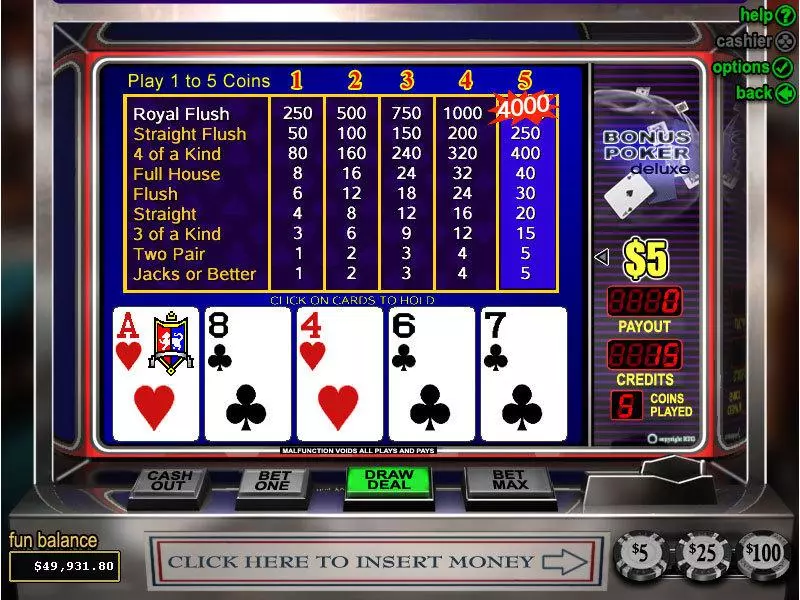 Introduction Screen - RTG Bonus Poker Deluxe  Video Poker