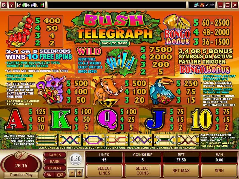 Info and Rules - Microgaming Bush Telegraph Slot