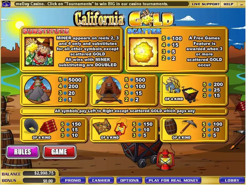 Info and Rules - WGS Technology California Gold Slot