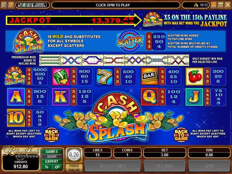 Info and Rules - Microgaming Cash Splash 5-Reels Slot