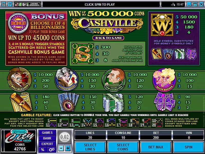 Info and Rules - Microgaming Cashville Slot