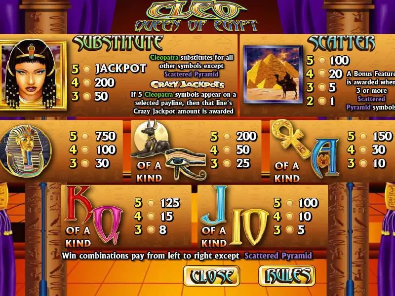 Info and Rules - CryptoLogic Cleo Queen of Egypt Slot