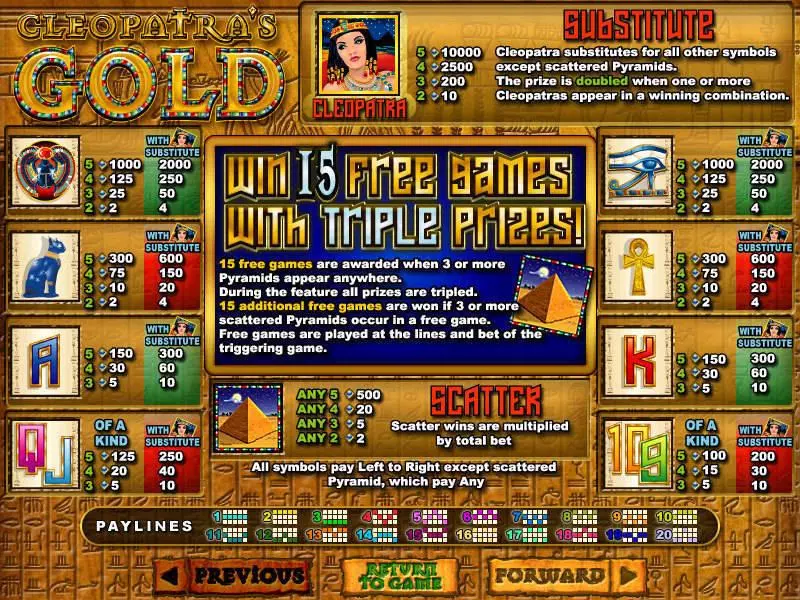 Info and Rules - RTG Cleopatra's Gold Slot