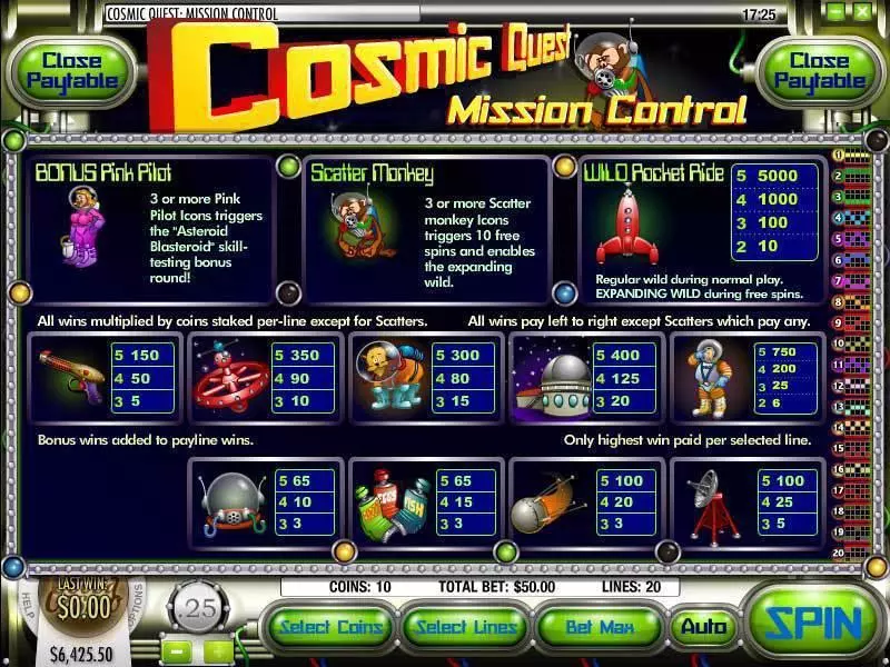 Info and Rules - Rival Cosmic Quest Episode One Slot