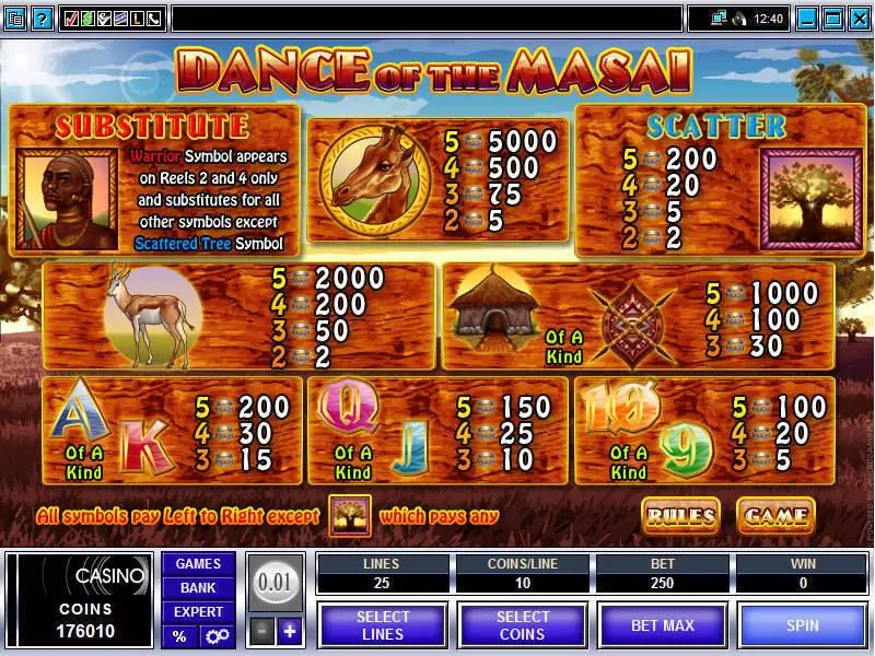 Info and Rules - Microgaming Dance of the Masai Slot