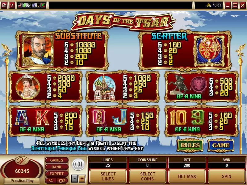 Info and Rules - Microgaming Days of the Tsar Slot