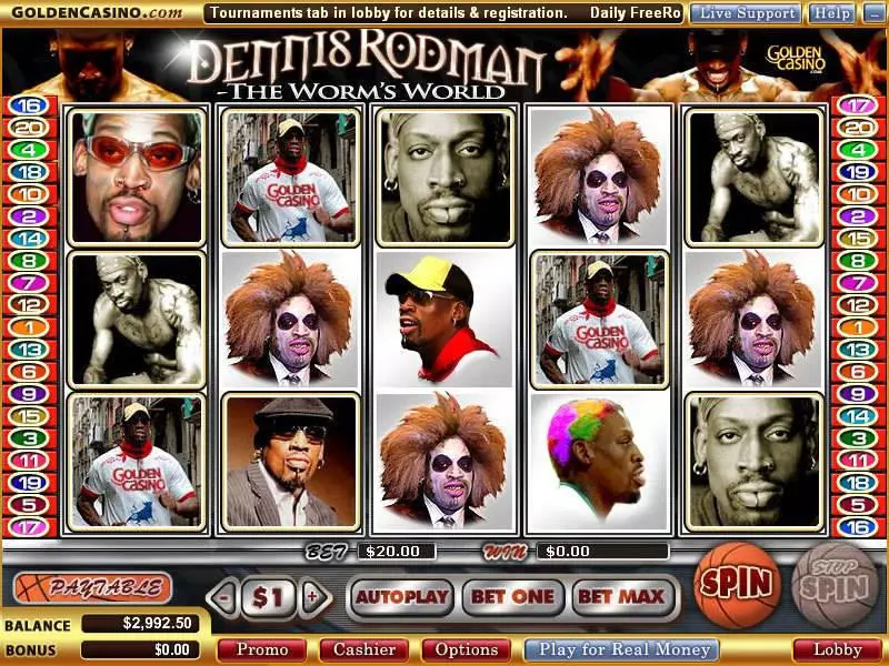 Main Screen Reels - Vegas Technology Dennis Rodman - The Worm's World Slot
