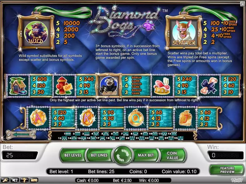 Info and Rules - NetEnt Diamond Dogs Slot