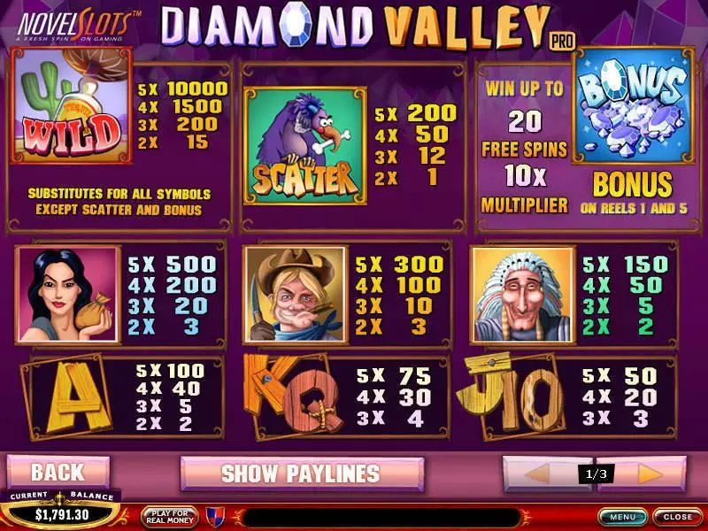 Info and Rules - PlayTech Diamond Valley Pro Slot