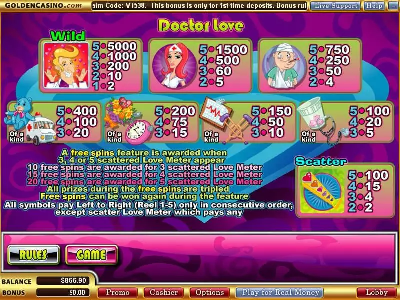 Info and Rules - WGS Technology Doctor Love Slot