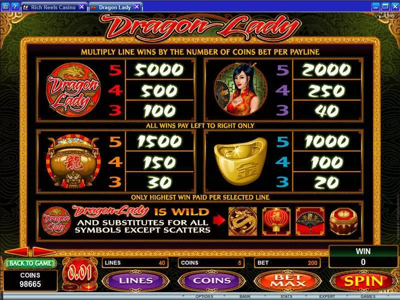 Info and Rules - Microgaming Dragon Lady Slot