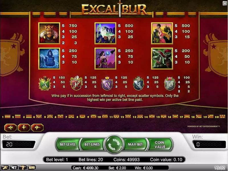 Info and Rules - NetEnt Excalibur Slot