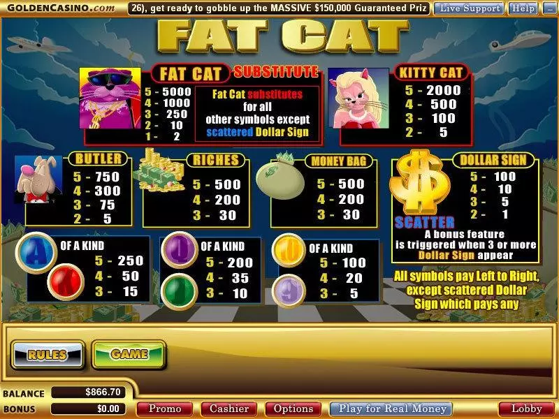 Info and Rules - WGS Technology Fat Cat Slot