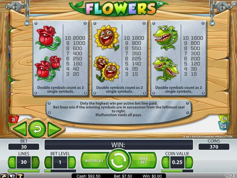 Info and Rules - NetEnt Flowers Slot