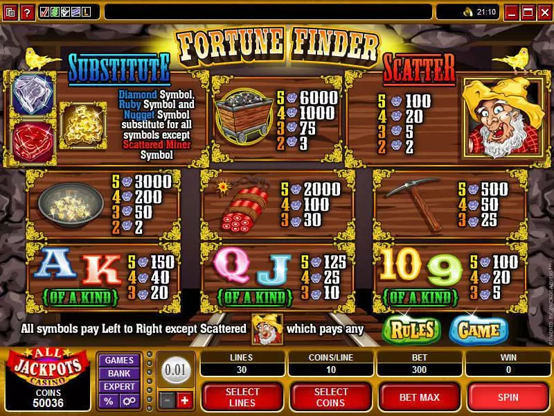 Info and Rules - Microgaming Fortune Finder Slot