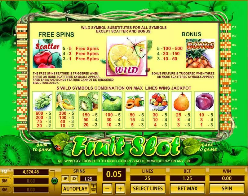 Info and Rules - Topgame Fruit 25 Lines Slot