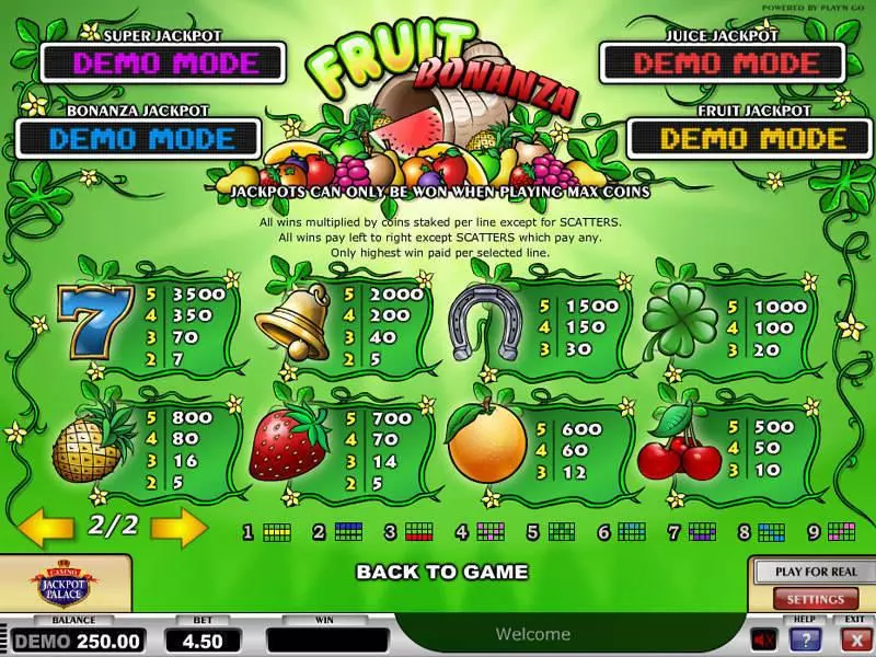 Info and Rules - Play'n GO Fruit Bonanza Slot