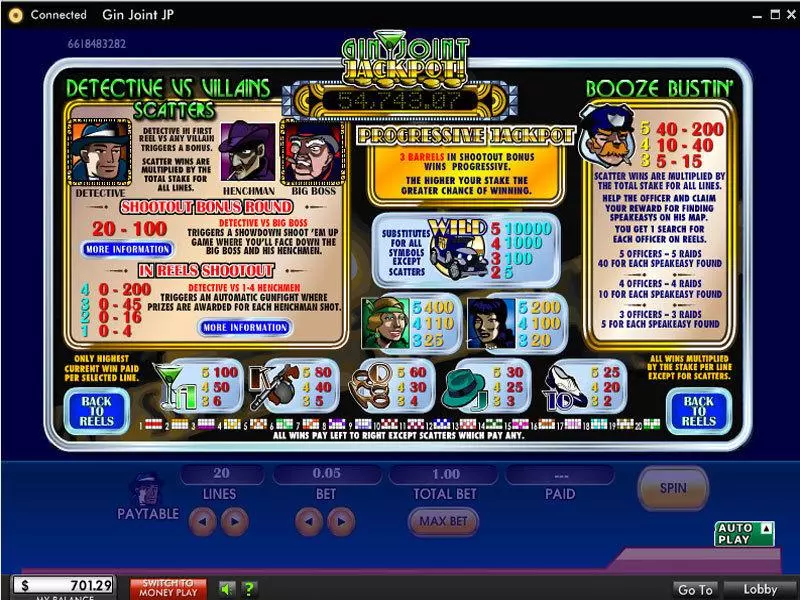 Info and Rules - 888 Gin Joint Jackpot Slot