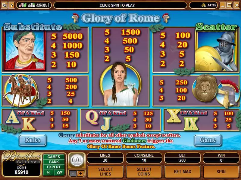 Info and Rules - Microgaming Glory of Rome Slot