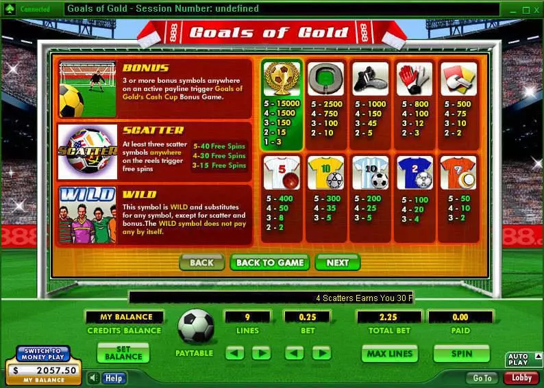 Info and Rules - 888 Goals of Gold Slot
