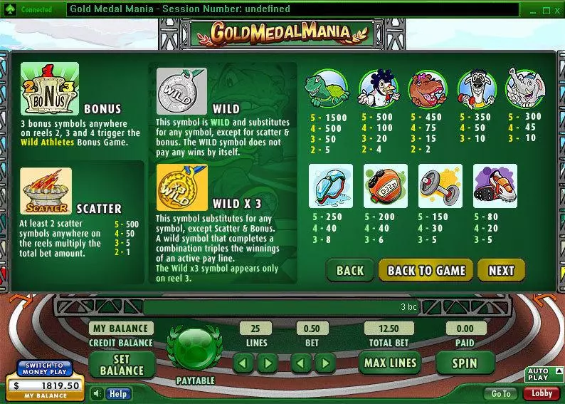 Info and Rules - 888 Gold Medal Mania Slot