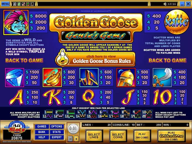 Info and Rules - Microgaming Golden Goose - Genie's Gems Slot
