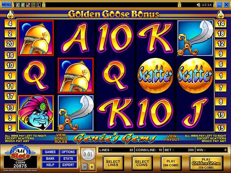 Main Screen Reels - Microgaming Golden Goose - Genie's Gems Slot