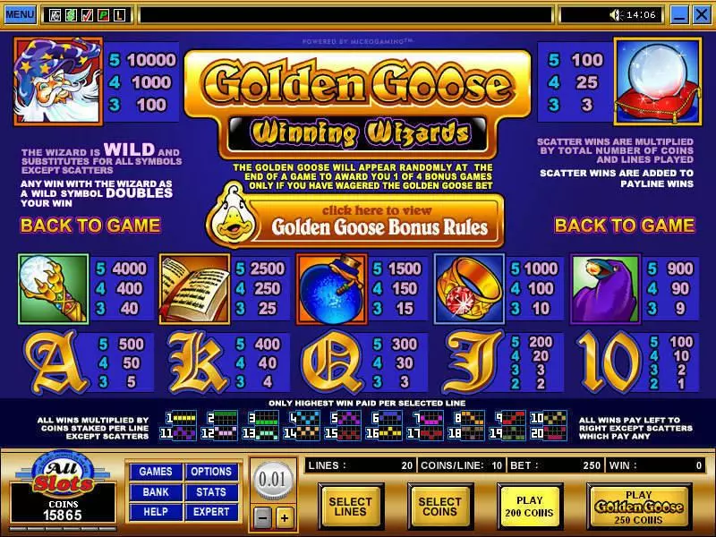 Info and Rules - Microgaming Golden Goose - Winning Wizards Slot