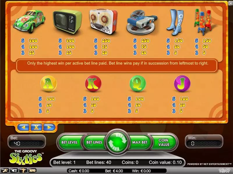 Info and Rules - NetEnt Groovy Sixties Slot