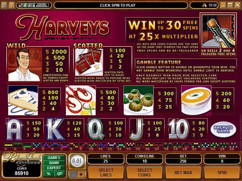 Info and Rules - Microgaming Harveys Slot