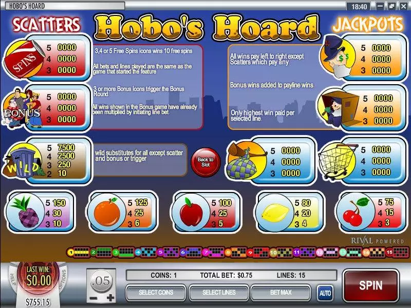 Info and Rules - Rival Hobo's Hoard Slot