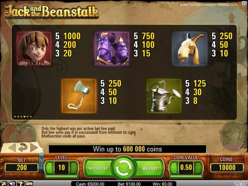 Info and Rules - NetEnt Jack and the Beanstalk Slot