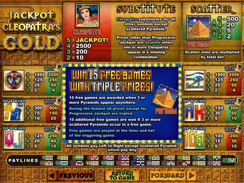 Info and Rules - RTG Jackpot Cleopatra's Gold Slot