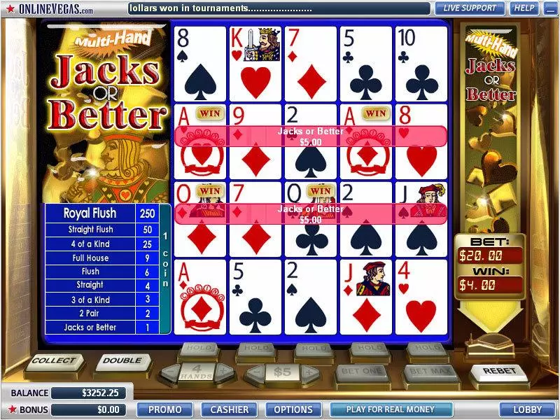Introduction Screen - WGS Technology Jacks or Better 4 Hands Poker Video Poker