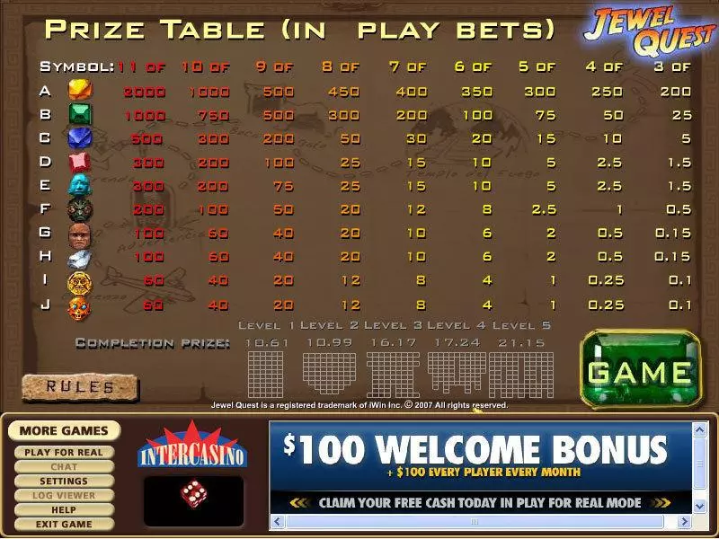 Info and Rules - CryptoLogic Jewel Quest Slot
