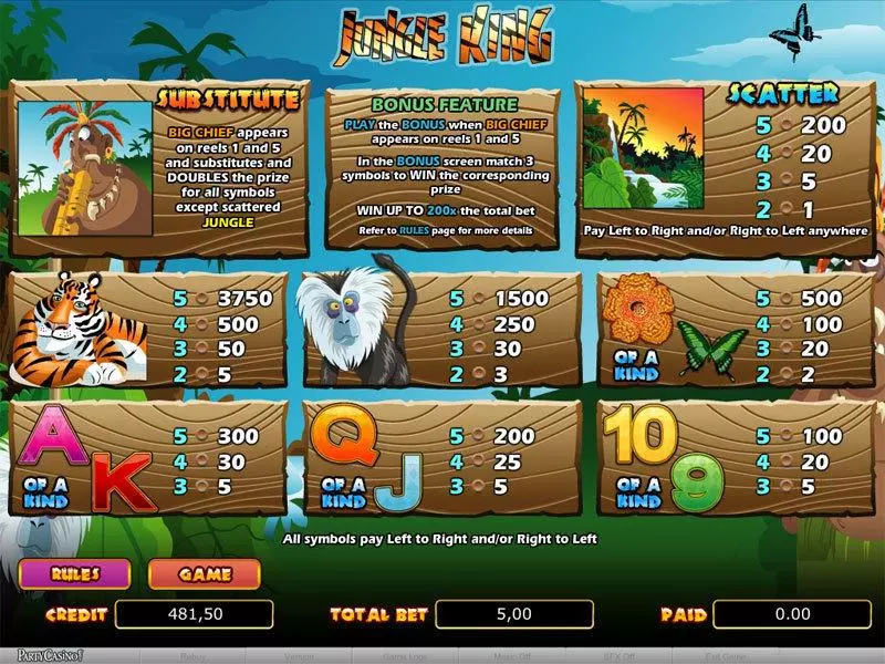Info and Rules - bwin.party Jungle King Slot
