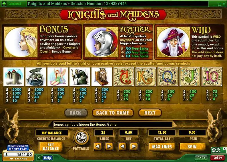 Info and Rules - 888 Knights and Maidens Slot